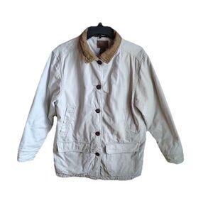 Chore Barn Coat Beige Womens M Corduroy Collar Pockets Plaid Lined Cabincore